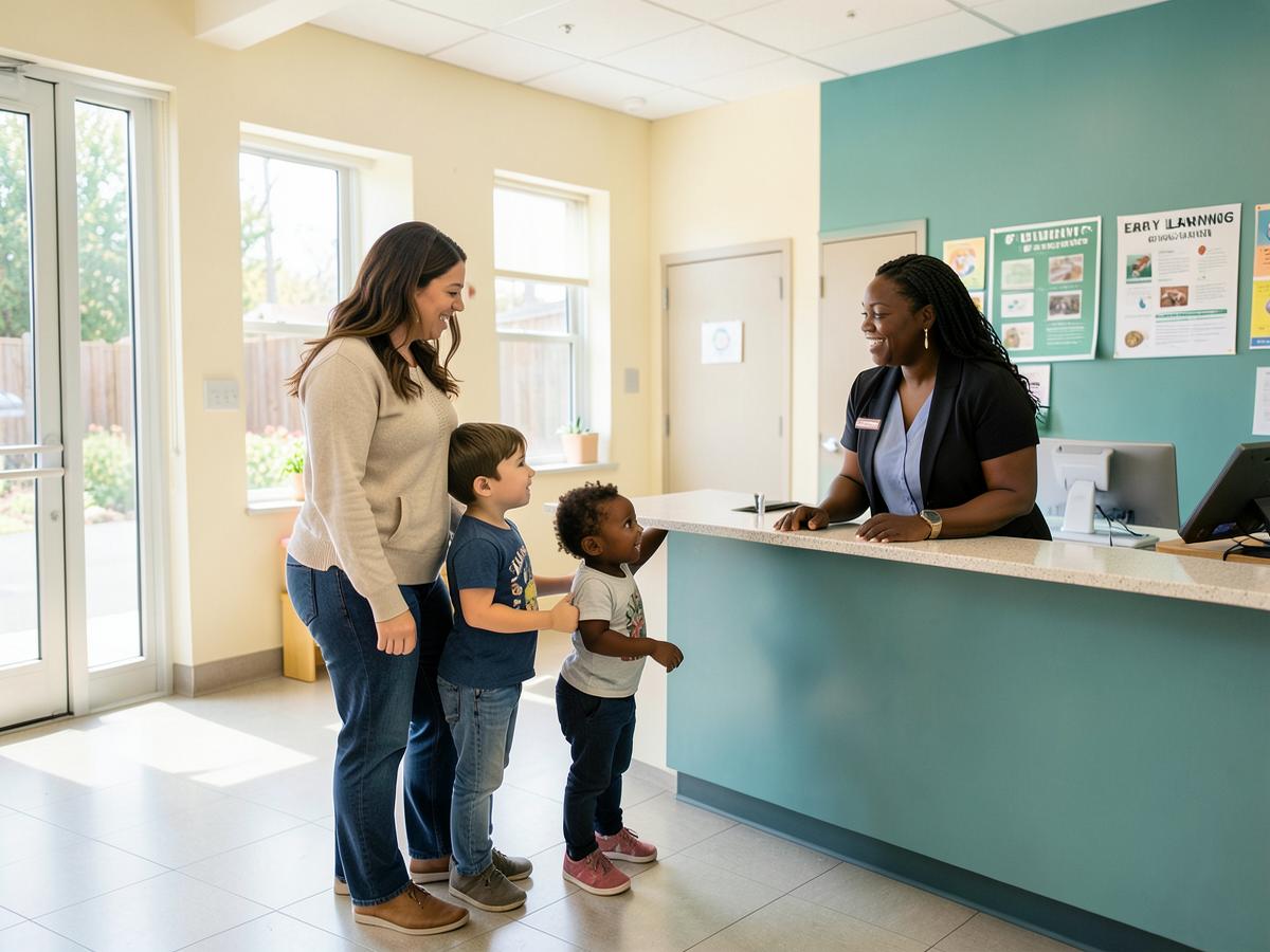 A parent and children being greeted by the center director at the front desk