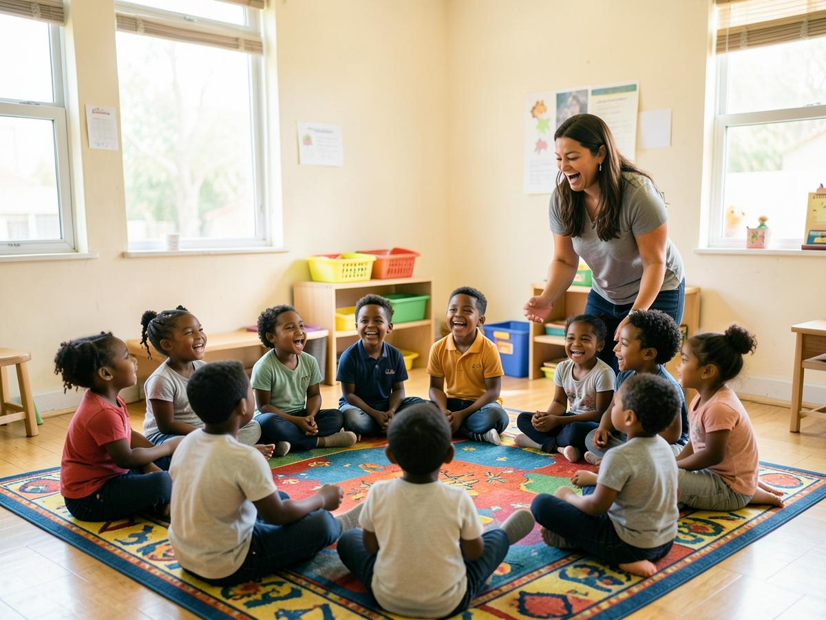 Children and a teacher singing together during morning circle time