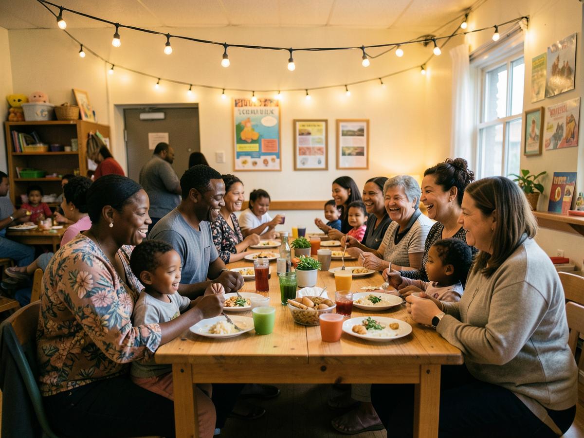 Families gathered around tables at a community family night