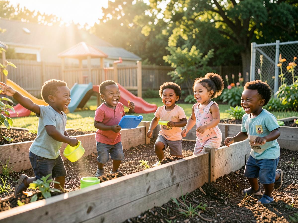 Children playing outdoors in the center's garden play yard