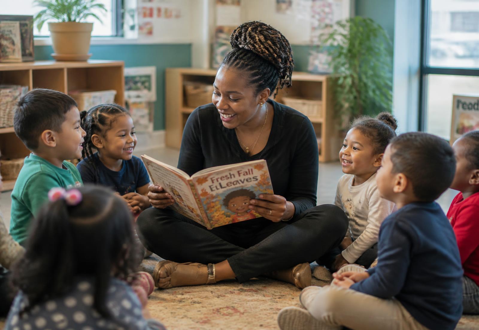 A teacher reading a picture book to a small group of toddlers in a bright classroom